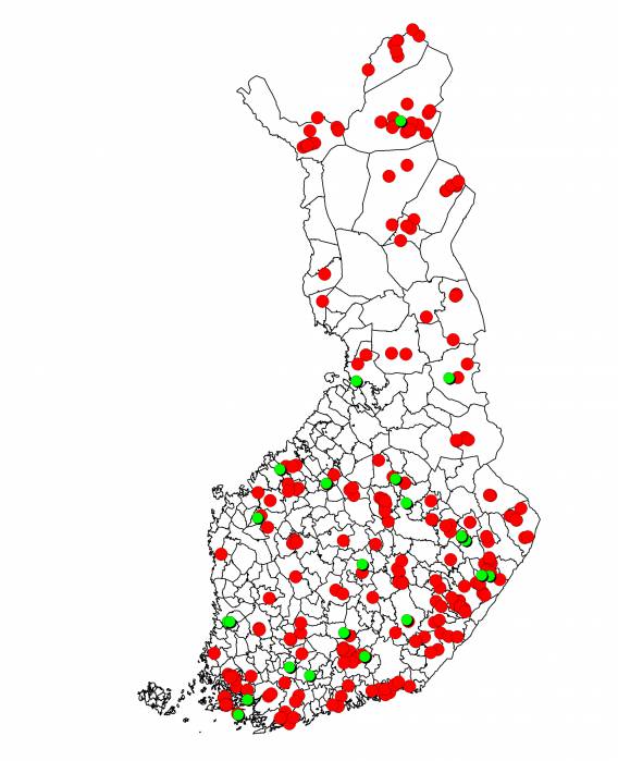 Kartta, pronssikautiset asuinpaikat Suomessa